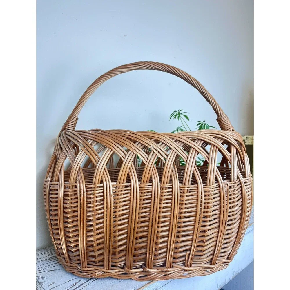 Vintage Polish Willow Wicker Woven High Arch Gathering Basket 20” x 16” Country